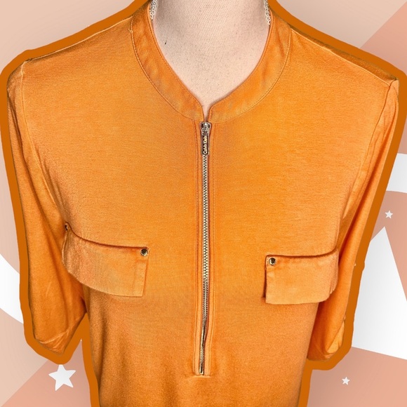 Calvin Klein Bright Orange Roll-Tab Sleeve 1/2 Zip Pocketed Top Size Medium - Picture 3 of 10